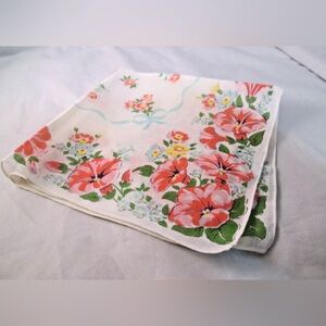Vintage White Hanky Pink "Morning Glorys" Handkerchief